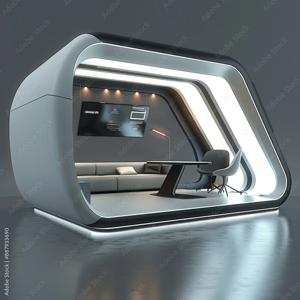 Aufkleber A futuristic 3D booth system with sharp angles and smooth surfaces. The design creates an eye-catching backdrop for online graphic content.