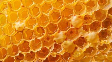 Closeup of honeycomb structure. A bright and detailed macro look at honeycomb with golden honey. Perfect for nature and apiary themes. High-resolution hexagonal pattern texture. AI