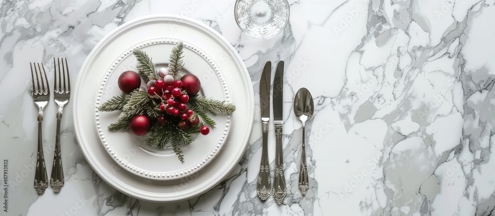 Poster christmas table setting displayed elegantly on a light grey marble surface with ample copy space ima