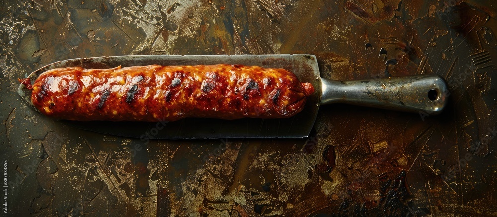 Poster A sausage on a knife against a stone backdrop ideal for adding text with a copy space image