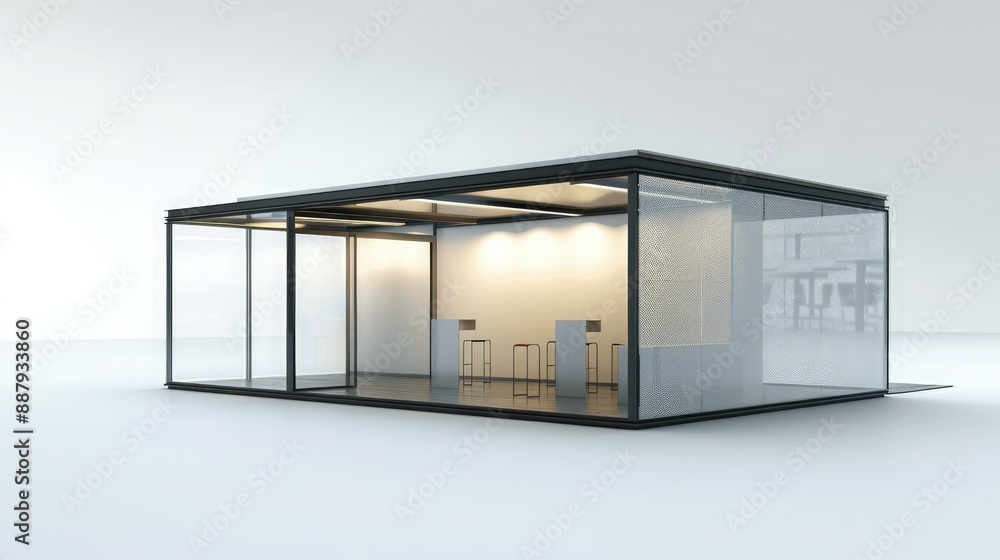 Poster A blank booth system with modular panels in a 3D render. The design offers flexibility for customizing and displaying online graphic resources. 