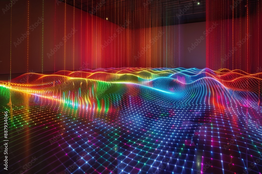 Poster futuristic neon landscape with dynamic waves, capturing a vibrant and energetic visual effect.