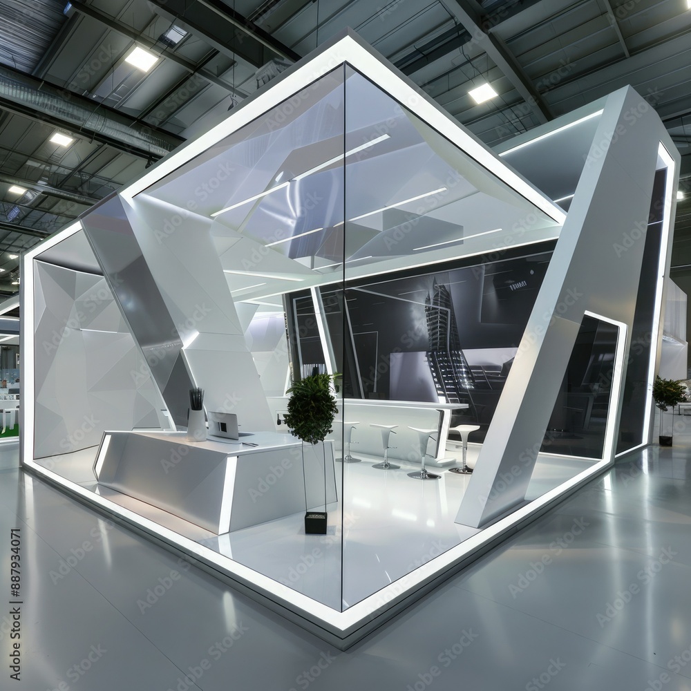 Poster A futuristic 3D booth system with sharp angles and smooth surfaces. The design creates an eye-catching backdrop for online graphic content.
