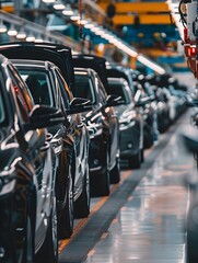 Obraz premium Mass production assembly line of modern cars in a busy factory