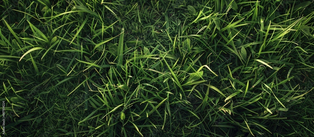 Poster close up shot displaying a detailed green grass texture with copy space image