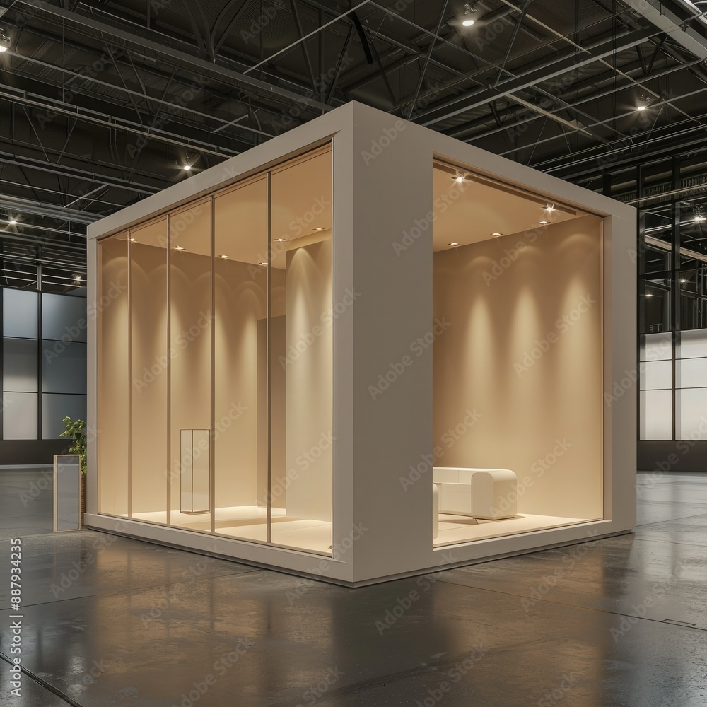 Poster An empty booth system in a 3D rendering, featuring smooth surfaces and a neutral color palette. Ideal for showcasing online graphic resources. 