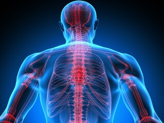a back of a man with red and blue lines