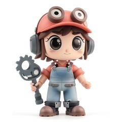 Cute Clay Mechanic Character with Kawaii Style on White Background, Generative Ai
