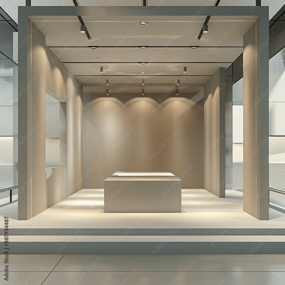Poster An empty booth system in a 3D rendering, featuring smooth surfaces and a neutral color palette. Ideal for showcasing online graphic resources. 