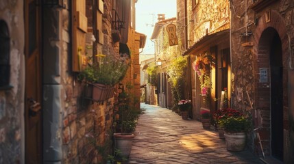 Fototapeta premium Quaint cobblestone alley in picturesque village town. Warm sunlight casts soft glow on rustic stone buildings. Ideal for travel posters and background images. AI.
