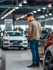Obraz premium Man shopping for a car at a dealership browsing vehicles on display. Concept Car Dealership, Vehicle Selection, Shopping for Cars, Browsing Options, Test Driving