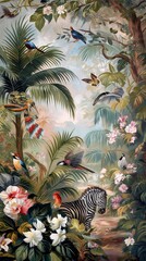 Fototapeta premium Vintage wallpaper of lush jungle in pastel shades, depicting exotic birds and zebras in the background, oil painting. 