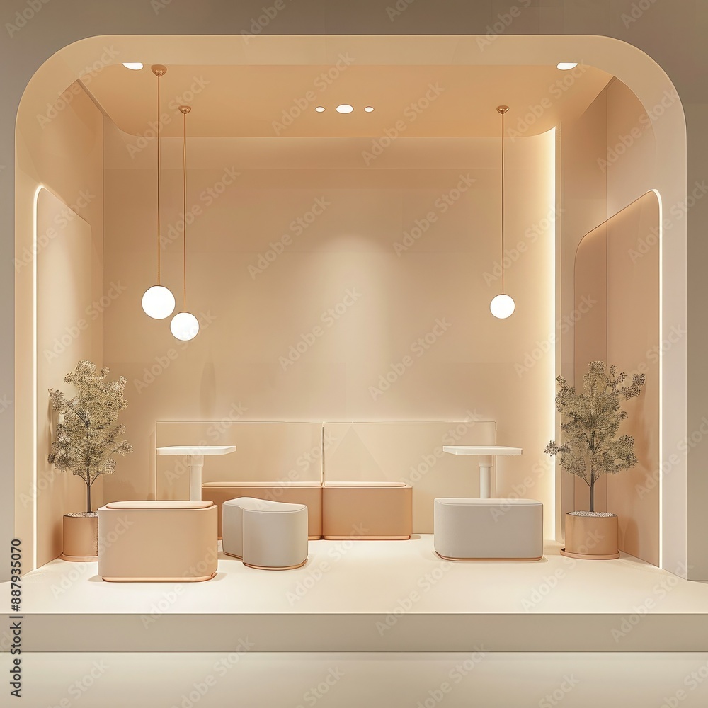 Poster A minimalist 3D booth system with clean lines and neutral colors. This versatile background provides ample space for adding online graphic content. 