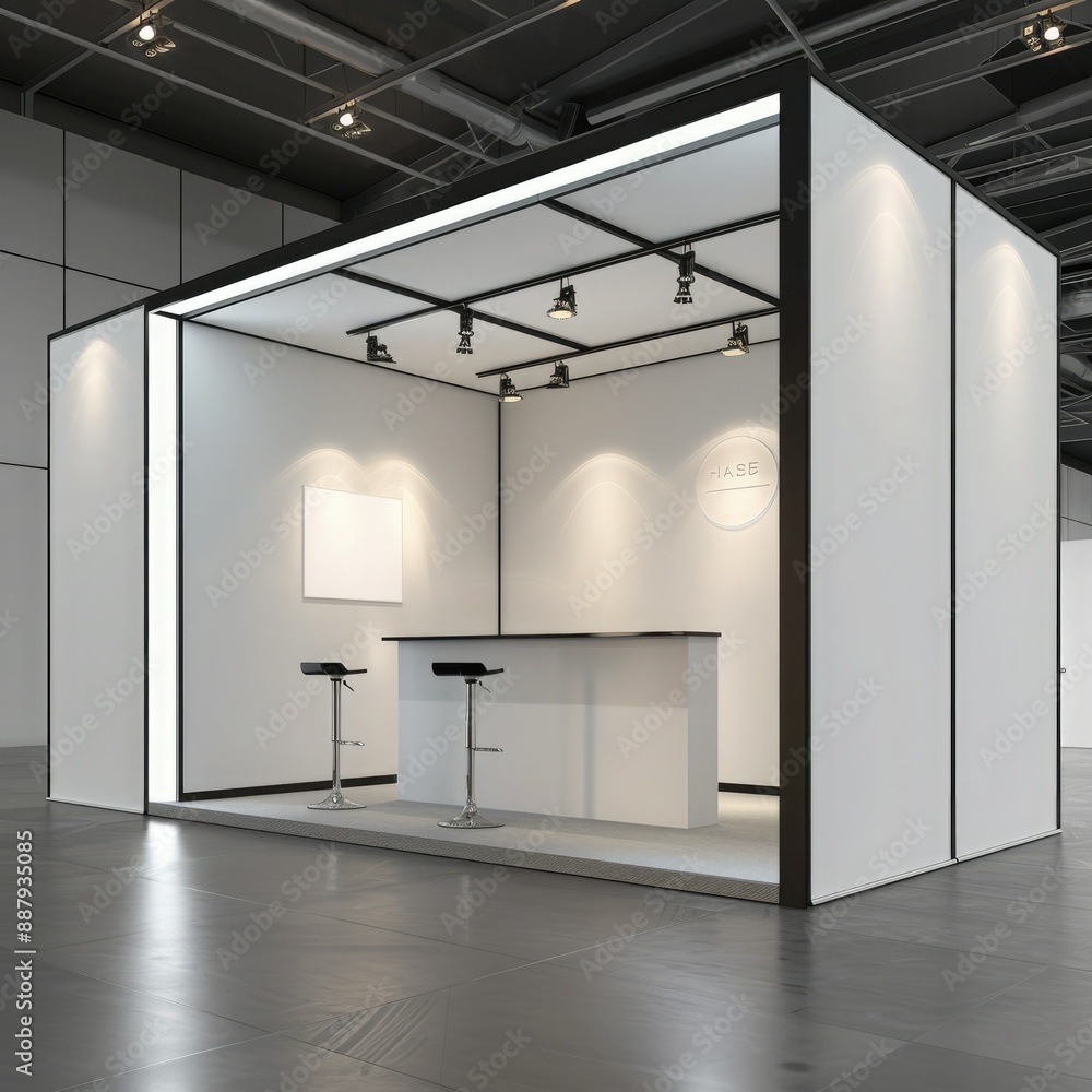 Poster A blank, modern booth system with sleek white walls and a simple design. The 3D render includes customizable panels, perfect for displaying graphic resources online.