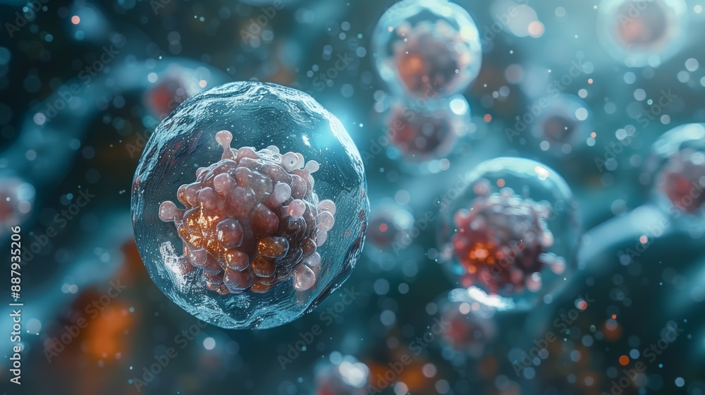 Poster a microscopic image of cells being studied using crispr technology.