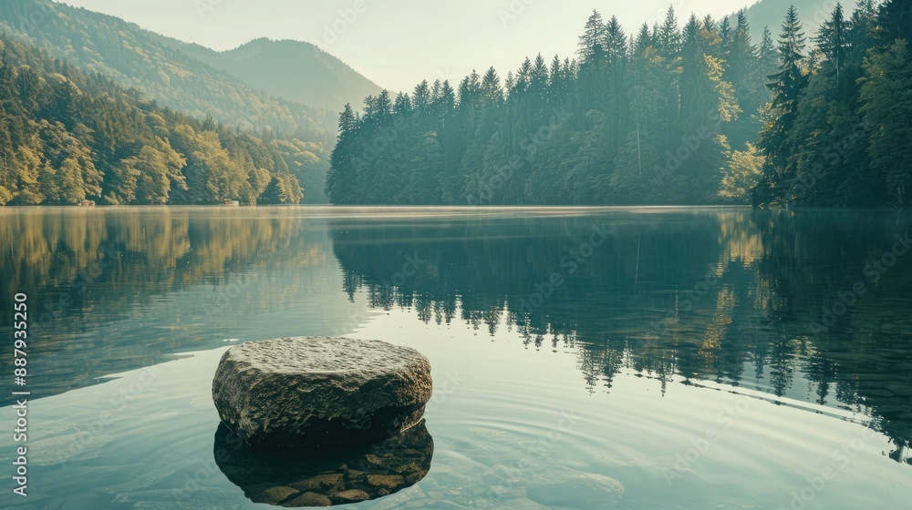 Poster the peaceful morning lake, surrounded by forest and mountains, features a stone pedestal display on 