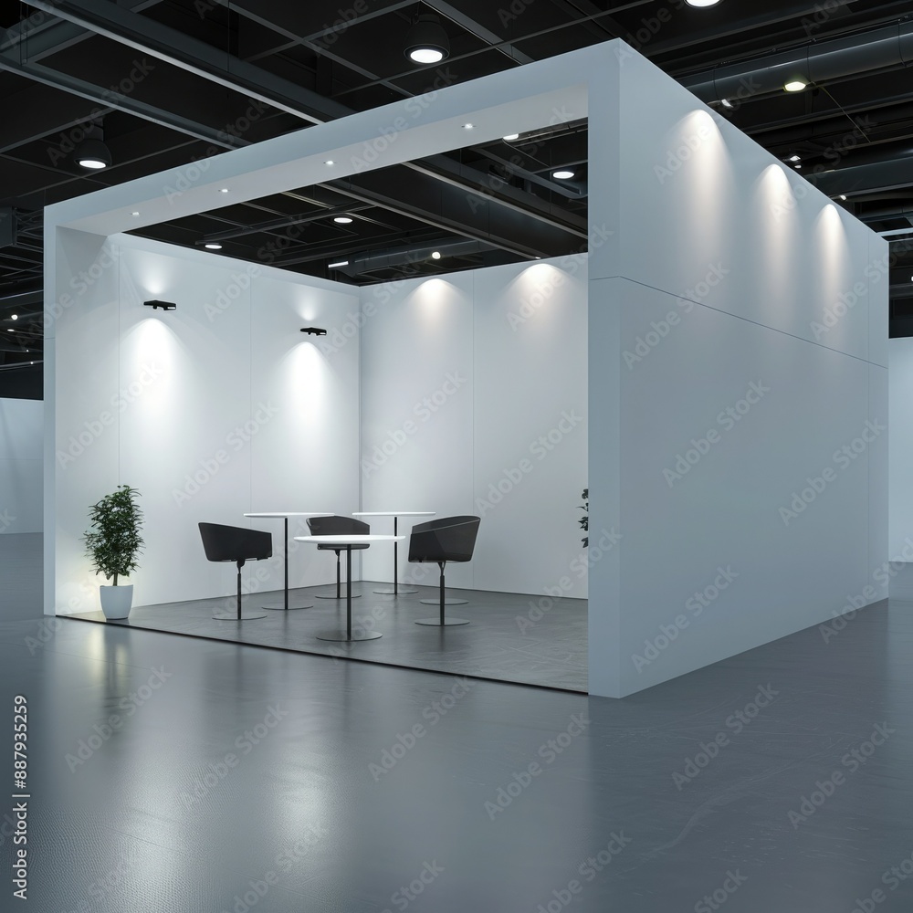 Poster A blank, modern booth system with sleek white walls and a simple design. The 3D render includes customizable panels, perfect for displaying graphic resources online. 