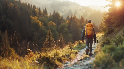 Fototapeta premium A hiker with a large backpack walks along a forest trail bathed in sunlight. The scene captures the beauty and serenity of nature, with tall trees and lush greenery surrounding the path.