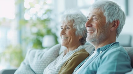 Happy elderly couple sitting on a couch, enjoying time together in a bright living room. Senior lifestyle concept.