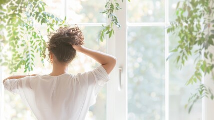 Woman in white shirt enjoying a moment of relaxation by a window with lush green plants, radiating calm and contentment.