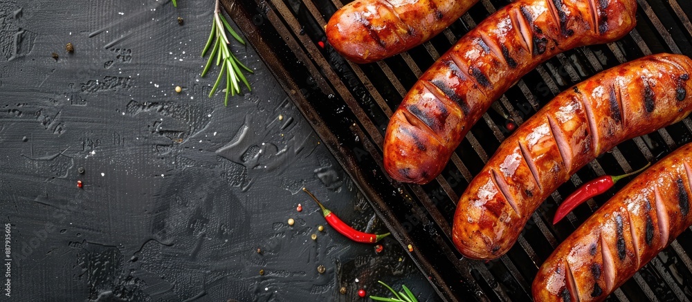 Poster top view of barbecue fried sausages on a grilling pan with a close up shot as the main focus in the 