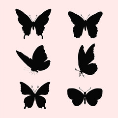 Butterflies set, black silhouettes on Pink background. Elements for icon, print, logo. Simple vector isolated design.