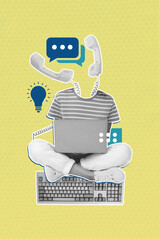 Creative painting drawing sketch poster collage of headless person with phone face working use...