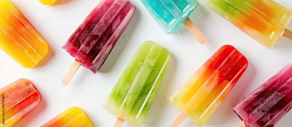 Poster top view of multi colored popsicles on a white backdrop with copy space image creating a vibrant foo
