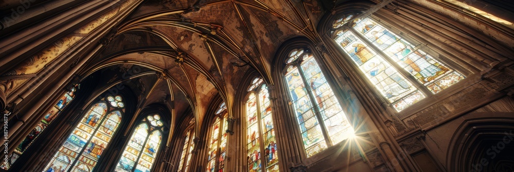 Aufkleber sunlight streams through a row of intricate stained glass windows illuminating the vaulted ceiling o