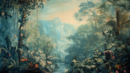Vintage wallpaper of lush jungle with bears and songbirds, pastel color, oil painting style. 