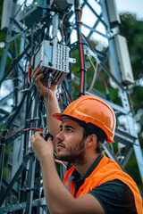 male engineer works in the field with a telecommunication tower that controls cellular electrical installations to inspect and maintain 5G networks