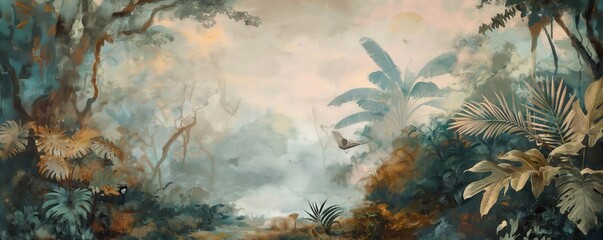 Vintage wallpaper of lush jungle with bears and songbirds, pastel color, oil painting style. 