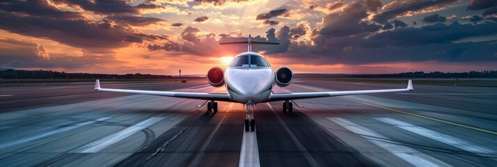 A private jet sits on a runway at sunset, ready for takeoff. The sky is a vibrant mix of orange, pink, and purple hues