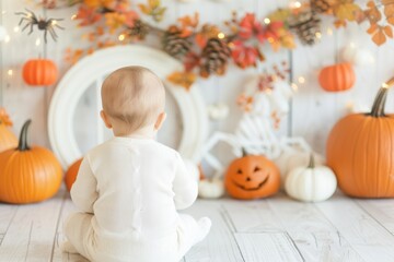 Baby in a cream outfit sitting among pumpkins and autumn decorations, creating a cute and festive Halloween scene.