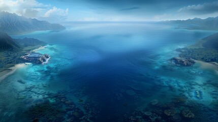 Fototapeta premium Stunning aerial view of a serene ocean bay with vibrant blue waters and lush island scenery under a partly cloudy sky.