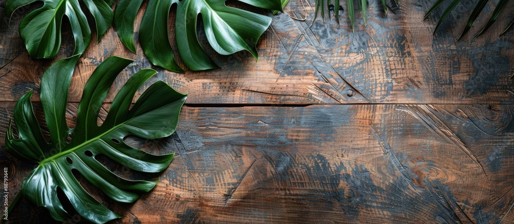 Poster top down view of a monstera leaf with philodendron patterns on a rustic wooden table background feat