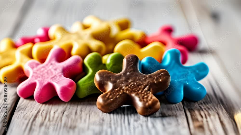 Poster  Colorful starshaped cookies on a wooden surface