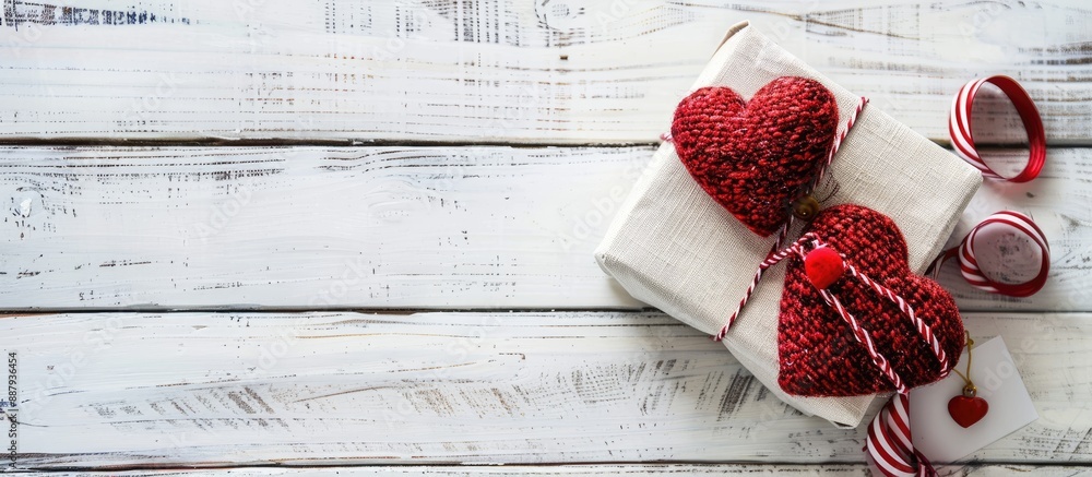 Wall mural Valentine s Day theme with a small gift box featuring a red heart next to a large heart on a white wooden background with copy space image