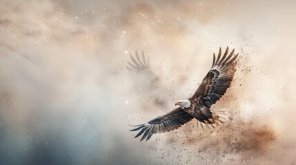 Fototapeta premium A majestic eagle soars through a cloudy sky, creating a dynamic and inspiring scene that embodies freedom and strength.