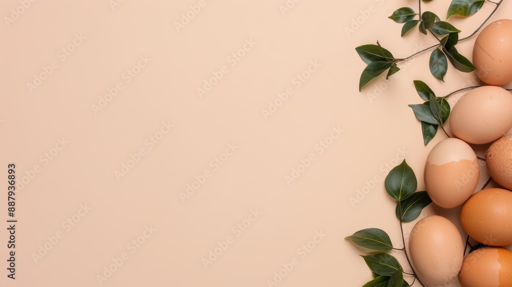 Aufkleber a soft-colored background with a simple arrangement of chicken eggs on the right side of the image