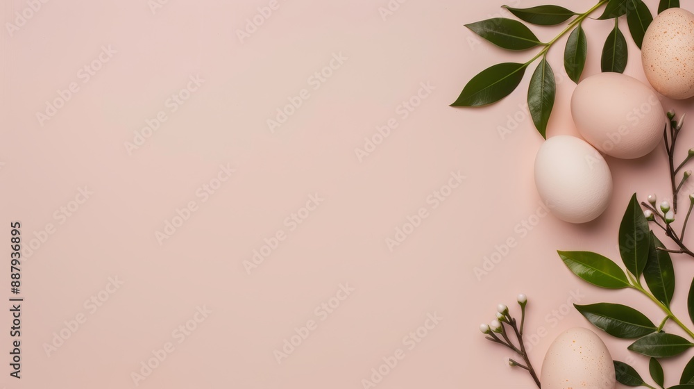 Aufkleber a soft-colored background with a simple arrangement of chicken eggs on the right side of the image