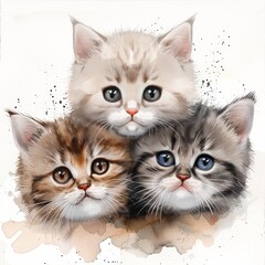 Adorable watercolor painting of three cute kittens with expressive eyes and soft fur in warm tones, perfect for pet enthusiasts and art lovers.