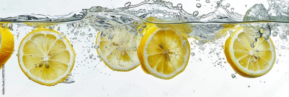 Poster lemon slices falling into a pool of water, creating a dynamic splash and air bubbles