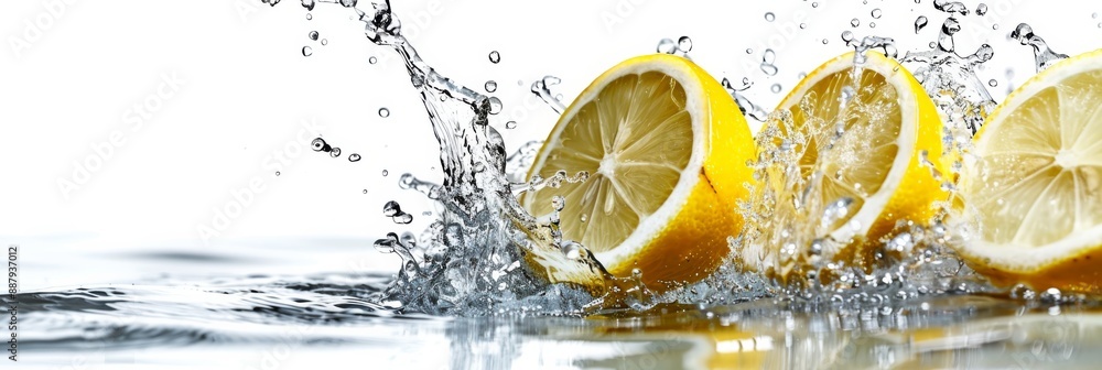 Poster three lemon slices splash into a clear water surface, creating a burst of droplets and a refreshing 