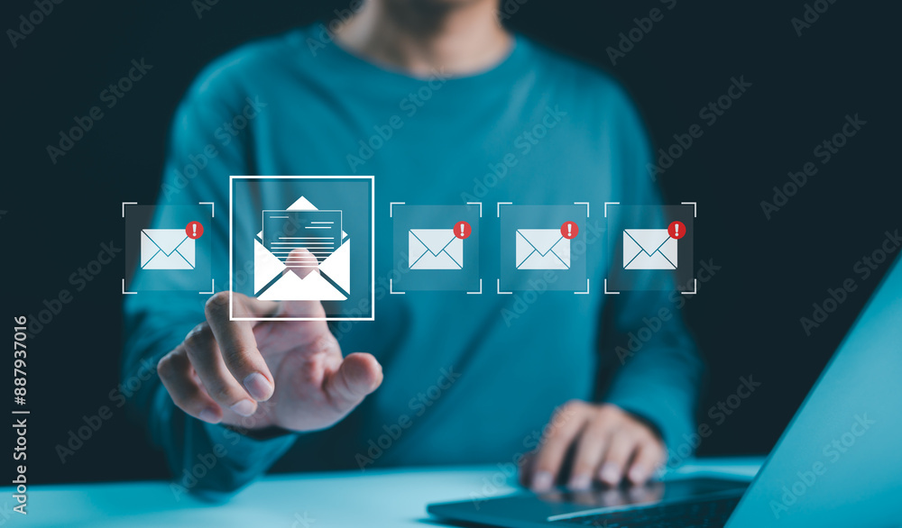 Poster email notification management concept. checking digital email, a person with new email notification 