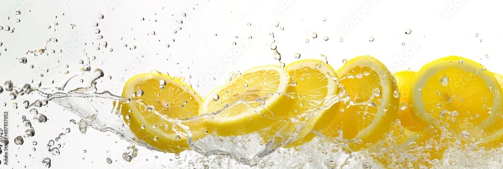 Poster lemon slices are splashed into water, creating a dynamic and refreshing scene