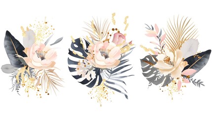 Obraz premium Luxury wedding bouquets watercolor and gold splatters vector set. Floral foliage, tropical leaves, artificial plants , Botanical art design set for wedding logo, wall art, canvas prints, invite card. 