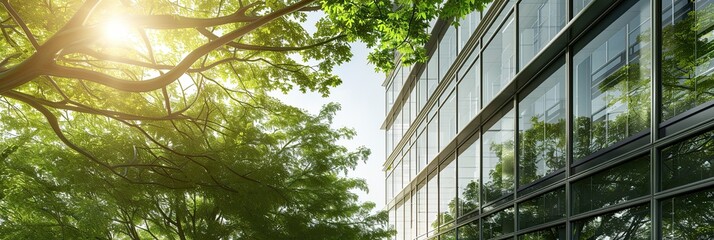 Modern office building with glass wall and green leaves. Panorama