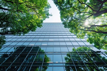 Modern office building with glass wall and green leaves. Panorama