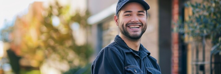 A delivery driver in a uniform stands outside, smiling while holding a package